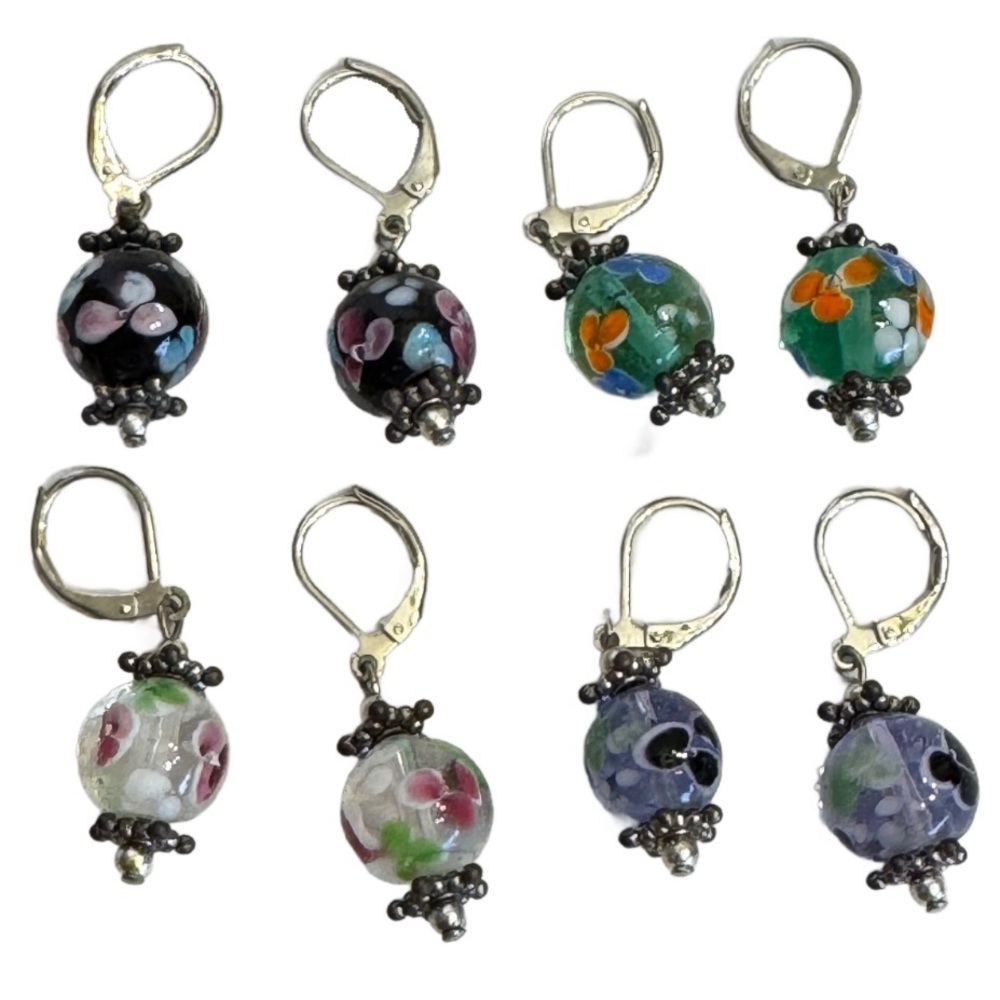 Vintage Lot of 4 Silver Tone Lever Back Art Glass Dangle Pierced Earrings Bundle